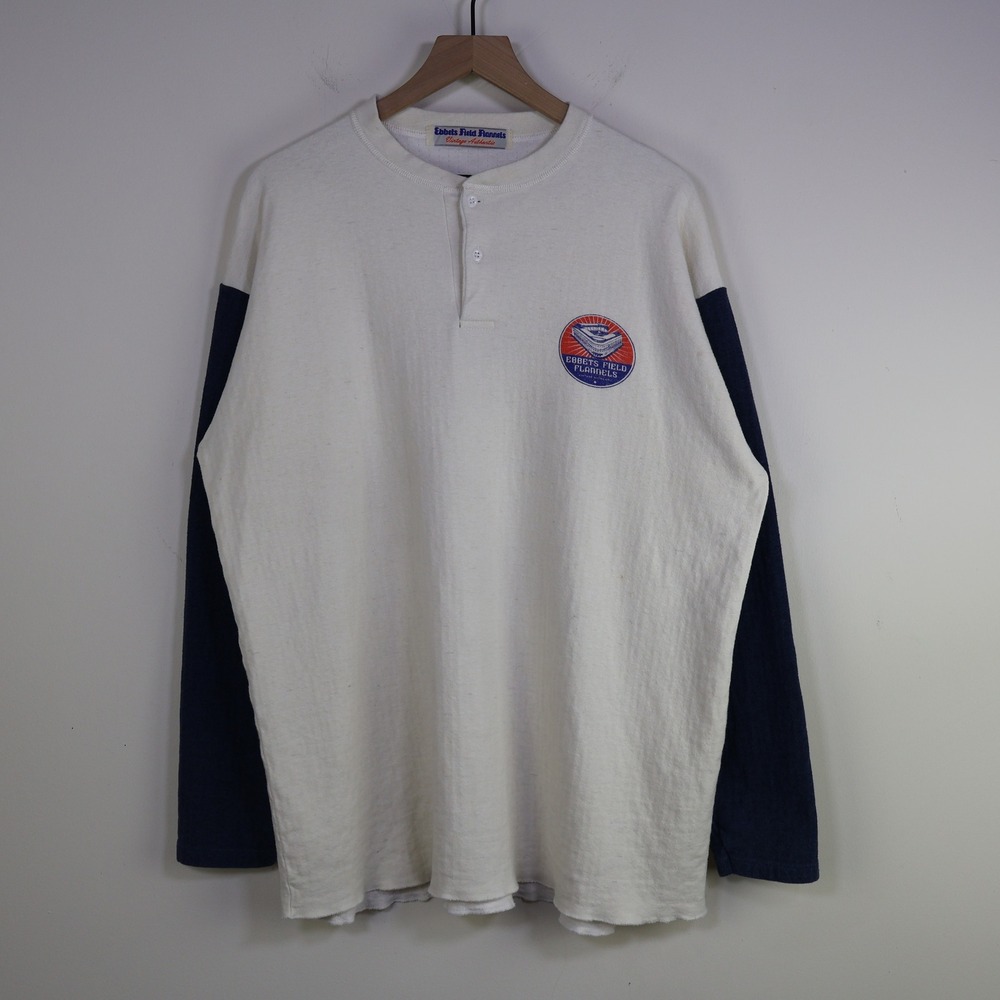 Vintage‎ Ebbets Field Flannels Fungo Henley Baseball Shirt XL Cream Navy Blue